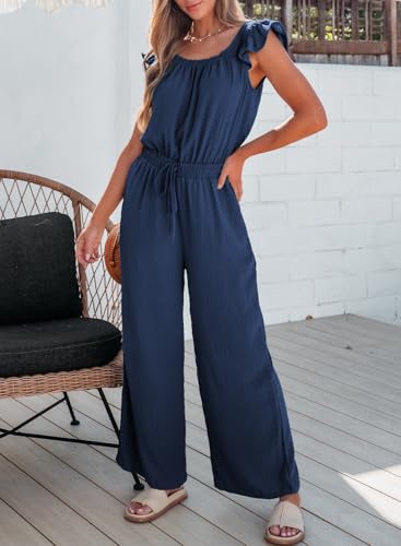 Dokotoo Combinaison Femme Chic et Elegant Ensemble d'Été en Lin Jumpsuit Taille à Cordon Manches Volantées avec Poches Pantalon Large Combishort pour Soirée Mariage, bleu marine, S – vue 5