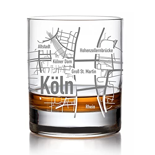 AMAVEL Whiskyglas Mit Gravur der Köln Stadtkarte - Whisky Zubehör, Tumbler Mit Gravur - Köln Souvenir, Geschenk für Männer