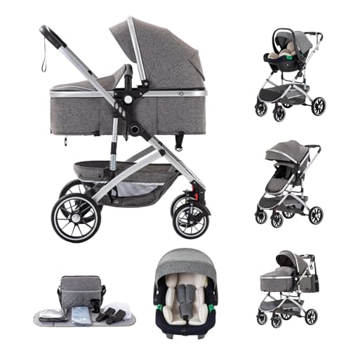 Kakbgee 3 en 1 Citadines Poussettes, Poussette Combinées, Pliable en Un Clic, Poussette Canne, Système de Voyage et Avec Siège Auto, Moustiquaire, Poussette...