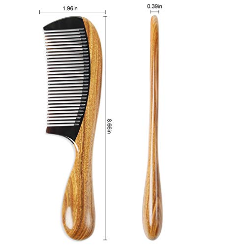 Onedor 100% Handmade Natural Green Sandalwood With Buffalo Horn Hair Combs - Anti-Static Sandalwood Scent Natural Hair Detangler Wooden Combs (Buffalo Horn Wide & Fine Tooth) #TOP5