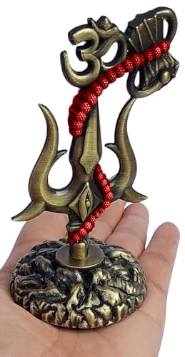 Image of Shivji Trishul Damru and Aum Idol for Mandir, Car Dashboard Statue Metal Showpiece for Pooja Room Home Decor, 10 cm, Antique Brown