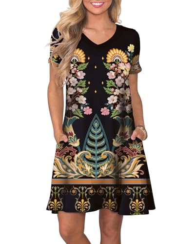Image of COSSEN Women's Casual T Shirt Dress V-Neck Short Sleeves Swing Dresses Birthday Party Summer Travel Beach with Pocket