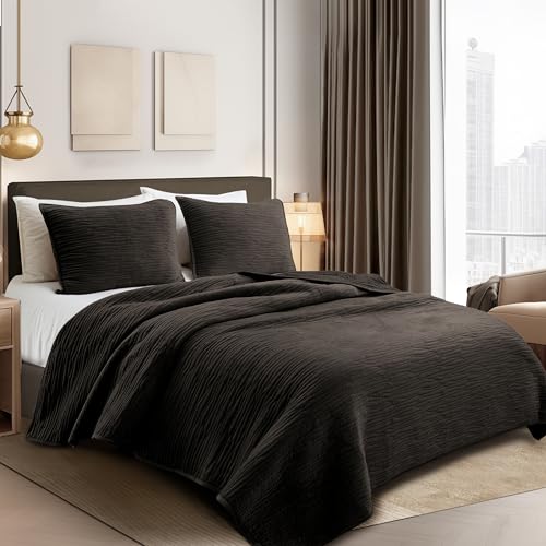 Image of Wonderful Velvet Quilt Set - Wood-Grain Stitched Brownish Black Quilt Queen Size, Velvet Lightweight Comforter with 2 Pillow Shams, Luxurious Suede Bedspread Coverlet for All Season, 94 inchx94 inch