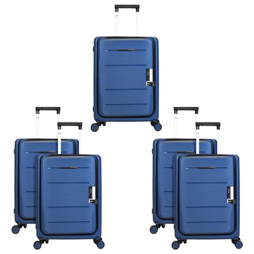 Image of Kuber Industries Plastic 20 Inch Collapsible Hard Shell 8 Wheels Spinner Trolley Luggage Bag for Travel - Lightweight Suitcase - Pack of 5 - Navy Blue, Small, 56 cm