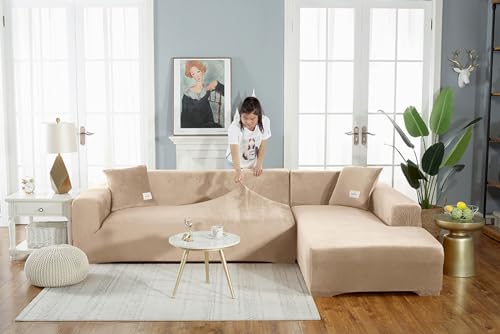 Housse de canapé L-S gris beige extensible pour modèle 2 places de 145-185 cm