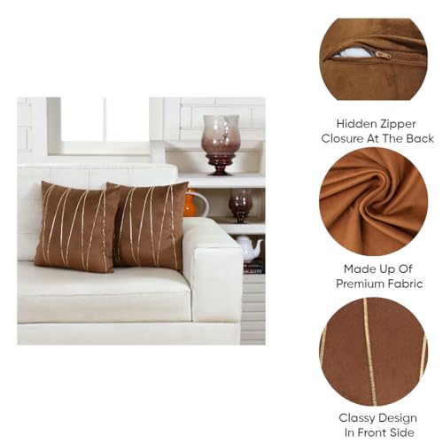Image of Amazon Brand - Umi Gold Leather Striped Pack of 2 Throw Pillow Covers Velvet Decorative Cushion Covers Cases for Sofa Bedroom Livingroom Car 18 x 18 in Brown Color