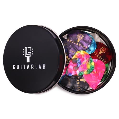 Guitar Lab - Plektren für Gitarre mit Geschenkbox - Gitarrenzubehör, 18 Stück, Plektren aus Celluloid für Elektrische, Akustische, Bass oder Ukulele Gitarre, 0.46mm, 0.71mm und 0.96mm