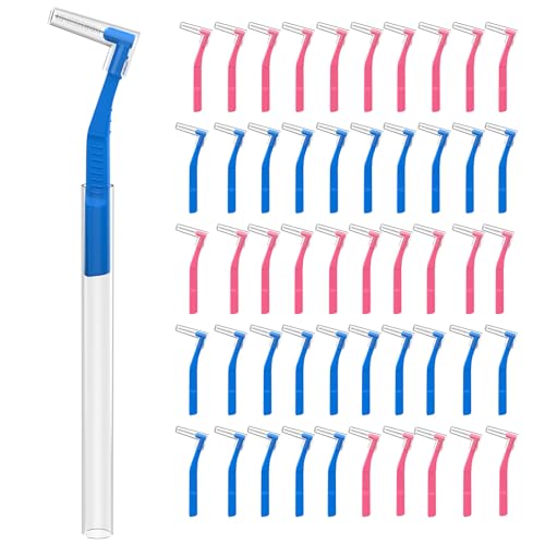Image of Fremouth 50 Angle Interdental Brushes with Extended Handle for Braces, 2 Sizes, Extra Tight(0.6mm), Tight(0.7mm), L- Shaped Interproximal Floss for Dental Plaque Removal Health