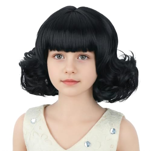 Black Kids Wig Short Curly Black Bob Kids Child Wigs with Bangs Synthetic Wigs with Wig Cap for Cosplay Party Costume