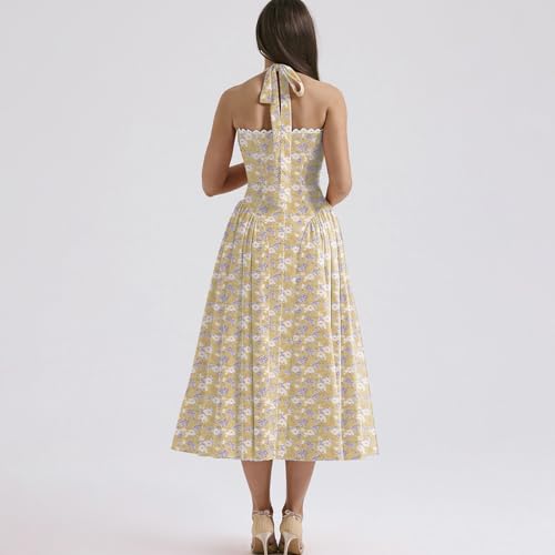 Image of Women Floral Corset Dress Halter Neck Low Cut Bustier Lace Midi Dress Flowy Pleated Hem Long Sundress with Pockets