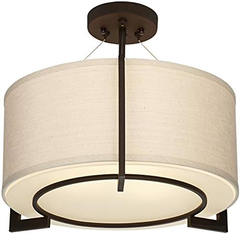 Possini Euro Design Stinson Modern Ceiling Light Semi Flush-Mount Fixture 17 1/4 Wide Bronze 3-Light Linen Drum Shade Frosted Glass Diffuser for Bedroom Kitchen Living Room Hallway Dining Bathroom