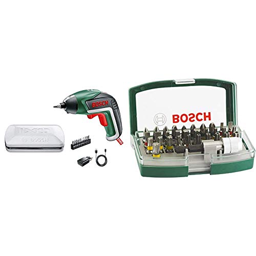 Bosch Visseuse sans Fil - IXO V Edition Classique (Livrée avec Chargeur et 10 Embouts de Vissage) & Bosch Boîtier d'embouts de vissage courts avec code couleur 31 pièces et 1 porte-embout 2607017063