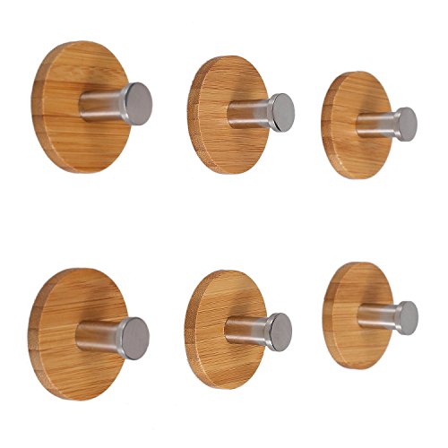 Angelbubbles Adhesive Hooks 6pcs/Pack 3M Sticker + FULL 304 Stainless Steel + Heavy Duty Bamboo (Round)