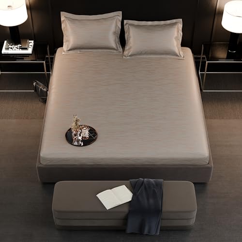 Image of Stoa Paris 350TC Luxture Cotton King Fitted Bedding Set with 2 Pillow Covers, All-Around Elastic Fitted Bedsheet 183cm x 198cm + 30cm Drop, All Season Comfort, Breathable, Panache 2.0 - Beige