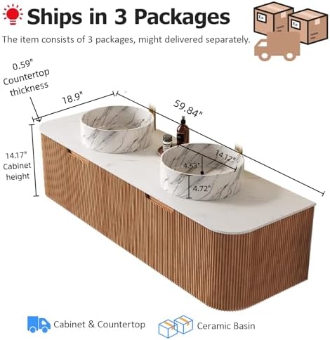 AmbroVania 60 inch Bathroom Vanity with Double Sink, Floating Bathroom Vanities with Ultra-Thin Marble Basin and Countertop, 2 Large Soft-Closing Storage Drawers, Pre-Assembled Cabinet, Nature Wood - 1