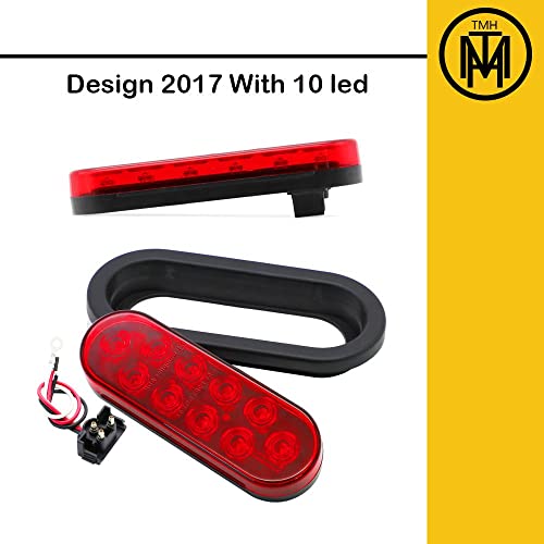 TMH (Pack of 2) 6 Inch 10 LED Oval Flush Mount Red Stop Turn Signal Brake Marker Tail LED Light for Truck Trailer RV Bus 12V Rubber Grommet & Plug Included