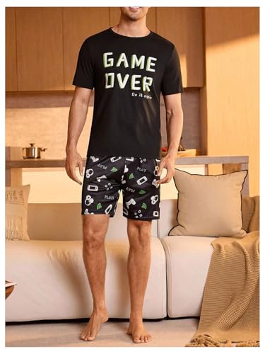 Image of Verdusa Men's Pajamas Set 2 Piece Pjs Sets Short Sleeve Letter Print Tee and Short Lounge Set