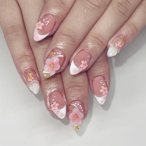 Image of Secret Lives 3D Flower Nail Art - Almond Press-On Set with Sculpted Floral Details, Reusable Elegant Nails for Events, Daily Style, Parties, Weddings, Gifts