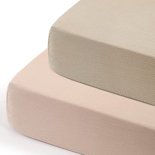 Image of GRSSDER 100% Cotton Muslin Crib Sheet 2 Pack - Breathable & Ultra-Soft Fitted Crib Sheets for Standard Baby & Toddler Mattresses, 52 inchx28 inch with 9 inch Deep Pocket, Snug Fit All-Around Elastic