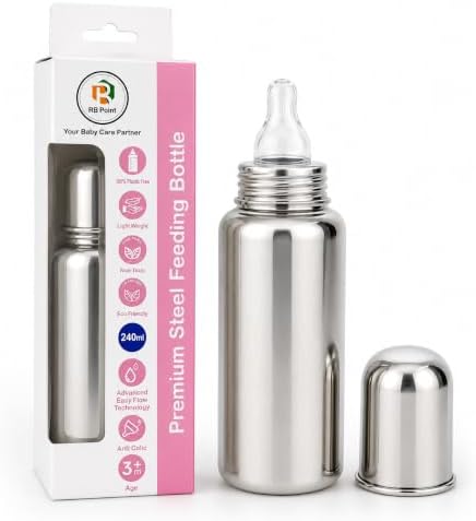 Stainless Steel Baby Feeding Bottle for Kids/Steel Feeding Bottle for Milk and Baby Drinks Zero Percent Plastic No Leakage (240 ML Bottle)