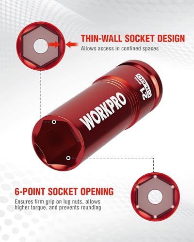 Image of WORKPRO 1 /2 inch Drive Lug Nut Impact Duty Socket, 21mm Deep Thin Wall Socket, Made of Premium Cr-Mo Steel, Non-Marring Lug Nut Wheel Sockets for Car