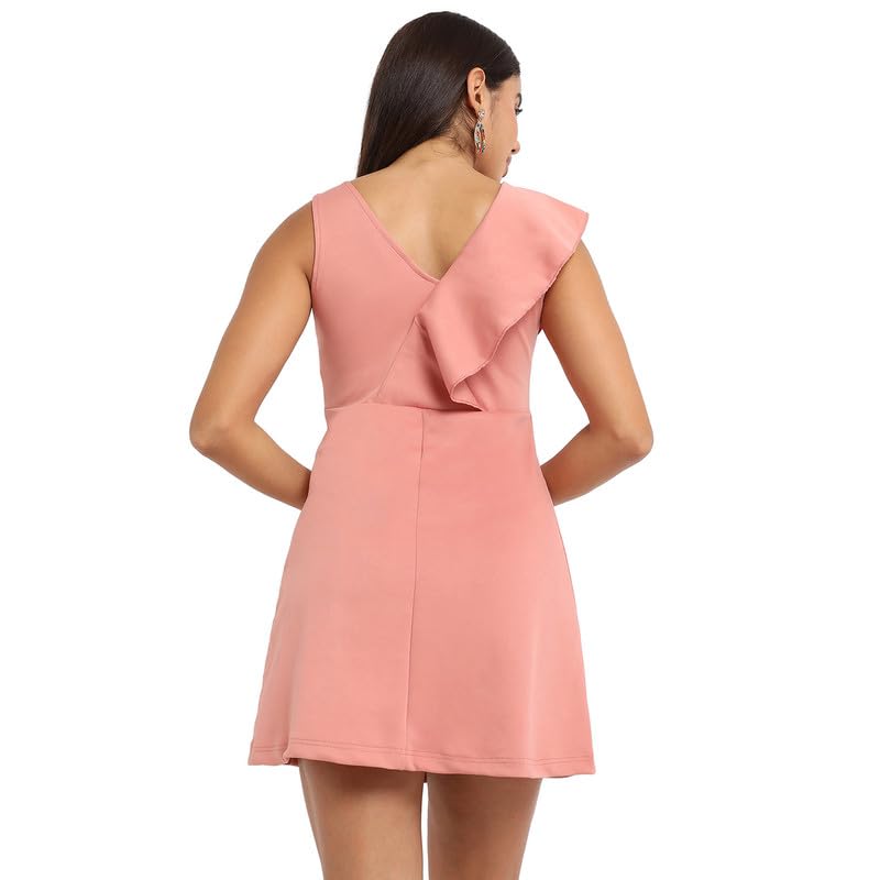Image of Campus Sutra Women's Salmon Pink Asymmetrical Ruffle Dress for Casual Wear | V Neck | Sleeveless | Mini Length | Polyester Dress Crafted with Comfort Fit for Everyday Wear