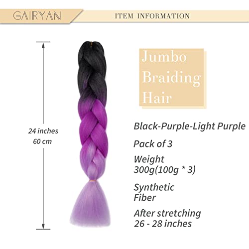 Gairyan Braiding Hair Extensions Ombre Jumbo Braids Synthetic Hair 3 Packs 24 inches 300g Coloured Hair for Braiding Extensions Box Braids Crochet Twist (Black-Purple-Light Purple) - Image 2