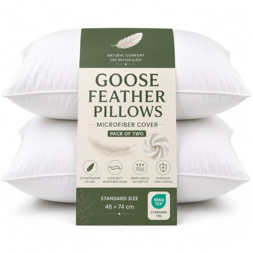 Image of VL 1200gsm Goose Feather Pillows 2 Pack Soft Anti-Allergic Dust Mite Hotel Quality Luxury Microfibre Soft Fluffy Goose Down Pillows Pair for Back and Side Sleepers 48 X 74cm (Set Of 2)