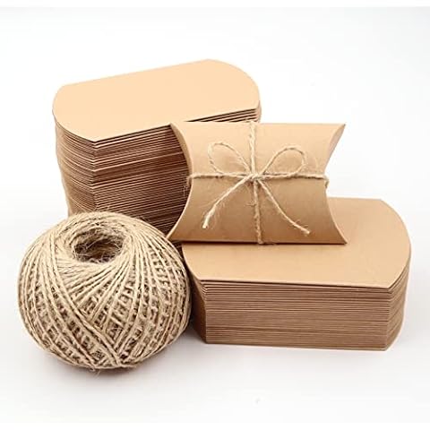 Quanerba 100Pcs Kraft Gift Boxes with 60M Jute Twine, 7x9cm Small Favor Pillow Boxes Vintage Wedding Favour Boxes for Christmas Party Wedding Birthday Baby Shower Bags Boxes Cover