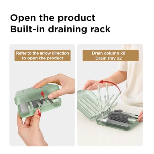 Miniatura 2 de Yotime Kit Cepillos Biberones Viaje Con Secar Biberones Plegable, Soporte De Apertura Automática Ranuras De Secado Vertical, 3 Cepillos Dispensador, Esenciales Para Padres Viajeros, Verde Claro