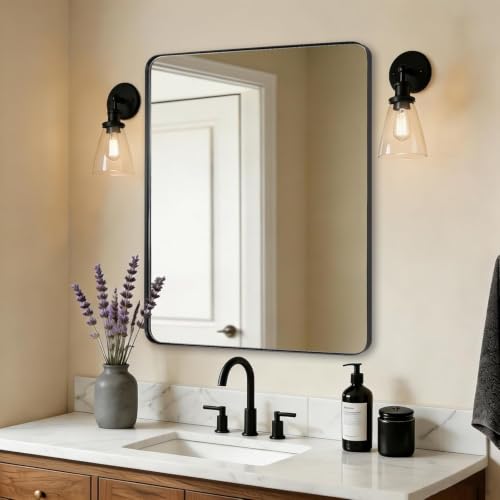 ANDY STAR Wall Mirror for Bathroom, 30x36 Matte Black Bathroom Mirror, Modern Stainless Steel Metal Frame Rounded Corner Rectangle Mirror for Vanity