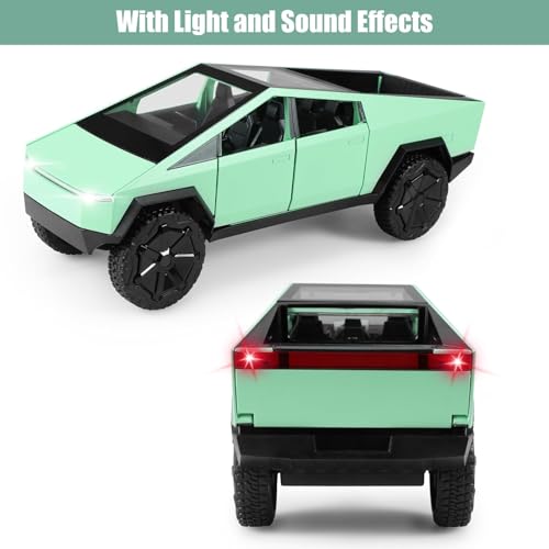 Image of 1 /24 Tesla Cybertruck Diecast Metal Toy Truck with Lights and Sounds, Mini Vehicle for Boys Ages 3 and Up, Realistic Design, Fun Educational Play, for Kids and Collectors (Green)