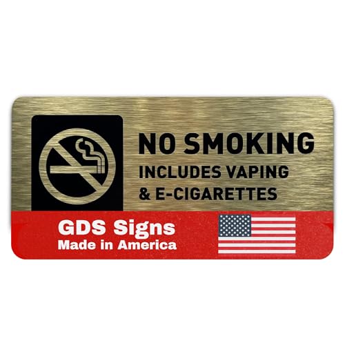 No Smoking Sign by GDS - ADA Compliant, with Raised Icons and Lettering- Includes Adhesive Strips for Easy Installation 7" W x 3" H - (Brushed Gold) - Made in USA