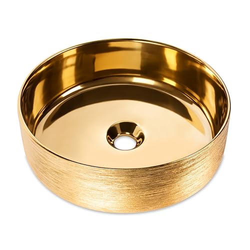 Image of BONKASO Golden Luxury Round Table Top Wash Basin (41.5 x 41.5 x 12.5 cm) | Designer Ceramic Countertop Bathroom Sink | Premium Vanity Bowl Art Basin 1013
