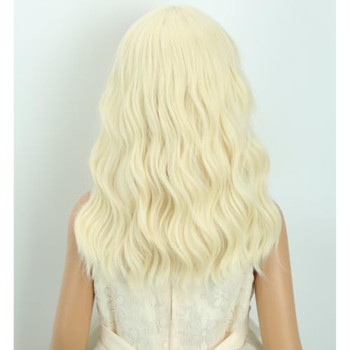 Image of Adult Light Blonde Wig Women Short Blonde Wavy Curly Wigs Adult Wig with Air Bangs Synthetic Cosplay Hair Wigs