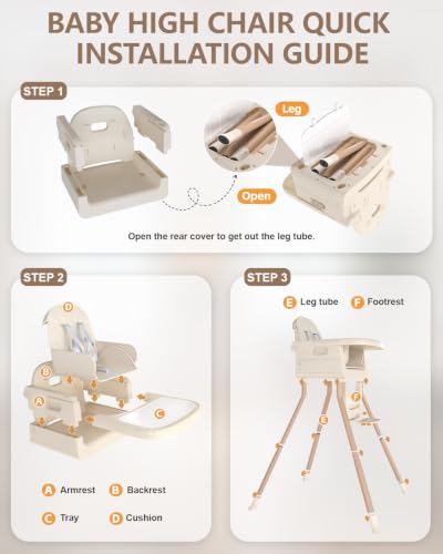 Image of Baby High Chair for 6 Months+, Foldable High Chairs for Babies and Toddlers, Convertible High Chair, Adjustable Tray & Footrest, Portable High Chair & Easy to Clean(White with Wood Grain)