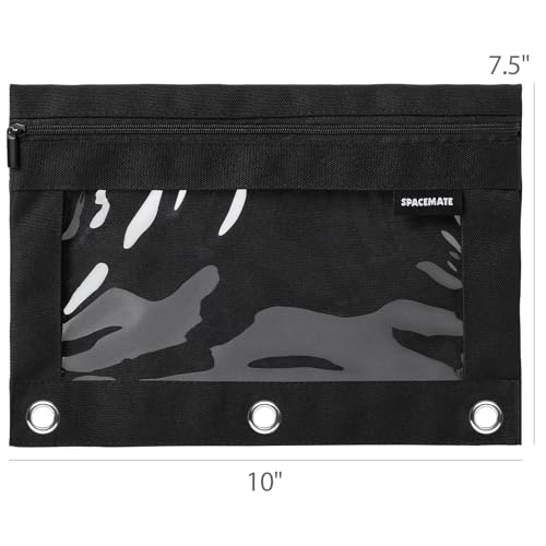 Image of SPACEMATE Pencil Pouch for 3 Ring Binder, Clear 3-Hole Zipper Pencil Case | Metal Grommets, School Supplies Organizer for Girls, Boys & Kids, Preppy Aesthetic Style, 1 Pack, Coal Black