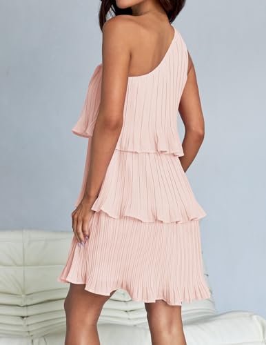Image of ZESICA Women's 2025 Summer Sleeveless Mini Dress Boho One Shoulder Ruffle Tiered Layered Flowy A Line Dresses