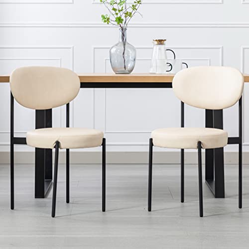 Rivova Pu Leather Dining Chairs Set Of 2, Modern Dining Chair With Back & Black Metal Legs, Upholstered Side Chairs Armless Chairs For Living Room, Bedroom, Kitchen, Beige #TOP19