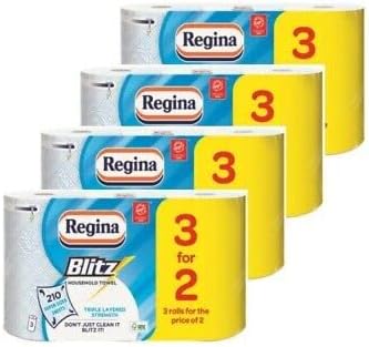 Regina Blitz Household Kitchen Towel 210 Supersized Sheets, Triple Layered Super Strength 12, 36 or 48 Rolls (12) by Wowboxme