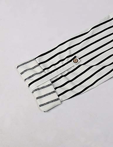 Female Sexy Deep Zip V Neck Roll Tab Sleeve Loose Office Tunic Tops Mandarin Collar Curved Hem Flattering Fit Blouses And Shirts Boutique Clothing For Women Black White Stripe Xl #TOP4