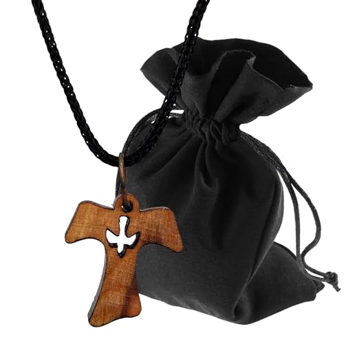 Lunexus Collier en bois d'olivier avec croix et colombe - Fait main à Bethléem - Pendentif chrétien béni avec certificat - Symbole Saint-Esprit Paix avec cordon de 80 cm et pochette en velours