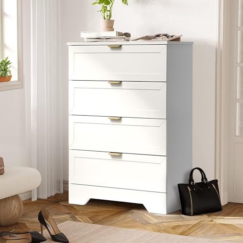 UYIHOME Modern 4 Drawer Dresser, 37inch Tall Dresser Chest with Large Drawer, Wood Accent Storage Cabinet Organizer Unit for Bedroom, Closet, Living Room, Cloakroom, Entryway, White