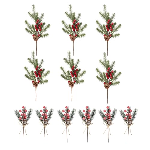 Fiarbrty Artificial Pine Picks with Red Berries and Pinecones, Christmas Floral Stems, 2 Sizes, Set of 12