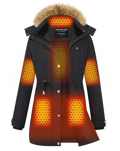 Graphene Heated Parka Jacket Women Rechargeable Battery Pack 18400 mAh Winter Warming Waterproof Electric Heating Coat with Detachable Hood, Black2025, 3XL, Mom Grandma Sister Wife Birthday Gift
