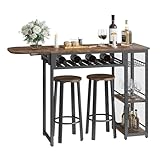Bartisch Set, Tresentisch mit 2 Barhocker, Esstisch Stehtisch mit Weinglashalter & Ablage, Küchentisch im Industrie-Stil, Stehtisch für Bar, Bistro & Wohnzimmer (Braun)