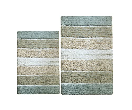 Chardin Home Cordural Stripes Bath Mat, Set of 2 Bath Rugs (21 Inches x34 Inches & 24 Inches x40 Inches) | Non Slip Bathroom Rug, Machine Washable, Plush, Highly Absorbent | Bluish Gray- Beige