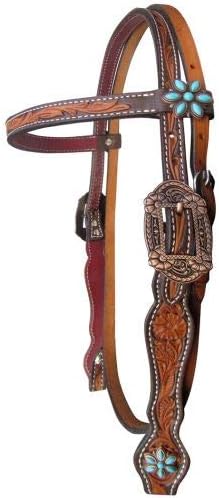 Showman Argentina Cow Leather Browband Headstall w/Floral Tooling & Turquoise Stones! New!