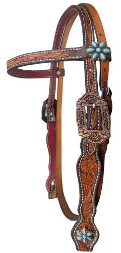 Showman Argentina Cow Leather Browband Headstall w/Floral Tooling & Turquoise Stones! New!