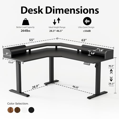 Image of Agilestic L Shaped Standing Desk, Adjustable Height Corner Gaming Desk with Shelf, Sit Stand Up Desk, 63 x 55 Inch Home Office Computer Table, Black